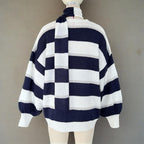 Womens Striped Cardigan Sweaters V Neck Open Front Button Up Color Block Loose Coats With Scarf