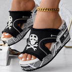 Newspaper Skull Original Hem Platform Wedge Slides - Anklet Not Included