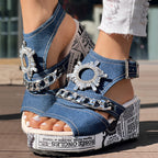 Newspaper Buckle Denim Wedge Slides - Anklet Not Included