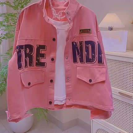 Womens Pink Denim Jacket With Stand Collar Frayed Edges