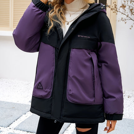 Color Block Zip Up Warm Puffer Jacket Hooded Outerwear