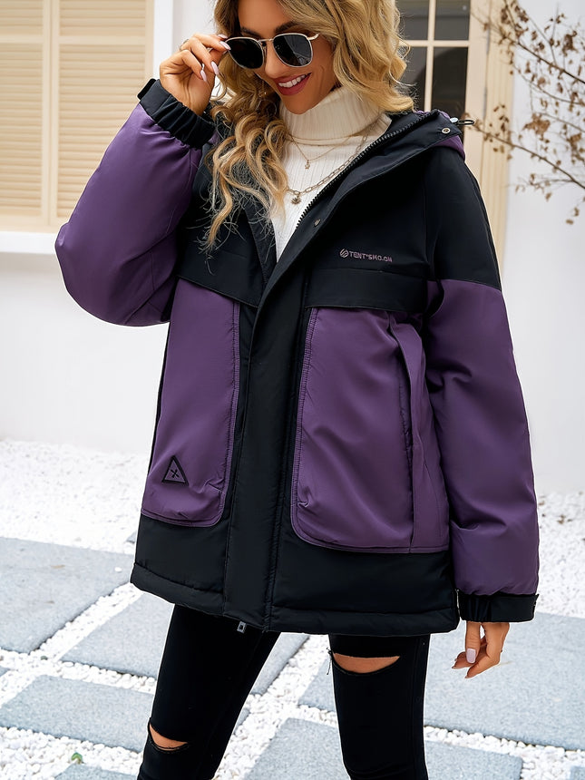 Color Block Zip Up Warm Puffer Jacket Hooded Outerwear