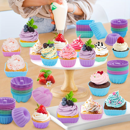 48pcs Silicone Baking Cups NonStick Reusable Silicone Baking Cups 275 and 80cm 4 Shape Mini and Medium Silicone Molds Heat Resistant Fancy Dessert Molds for Jelly Cake Muffin and Cake Baking Kitchen Baking Tool
