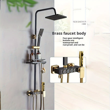 Luxury Black Golden Shower Set 4speed Round Pipe Full System Including Golden Edge Square Double Shower Heads Bidet and Bathtub Faucet Suitable for Bathroom ChristmasHalloween Gift Decoration